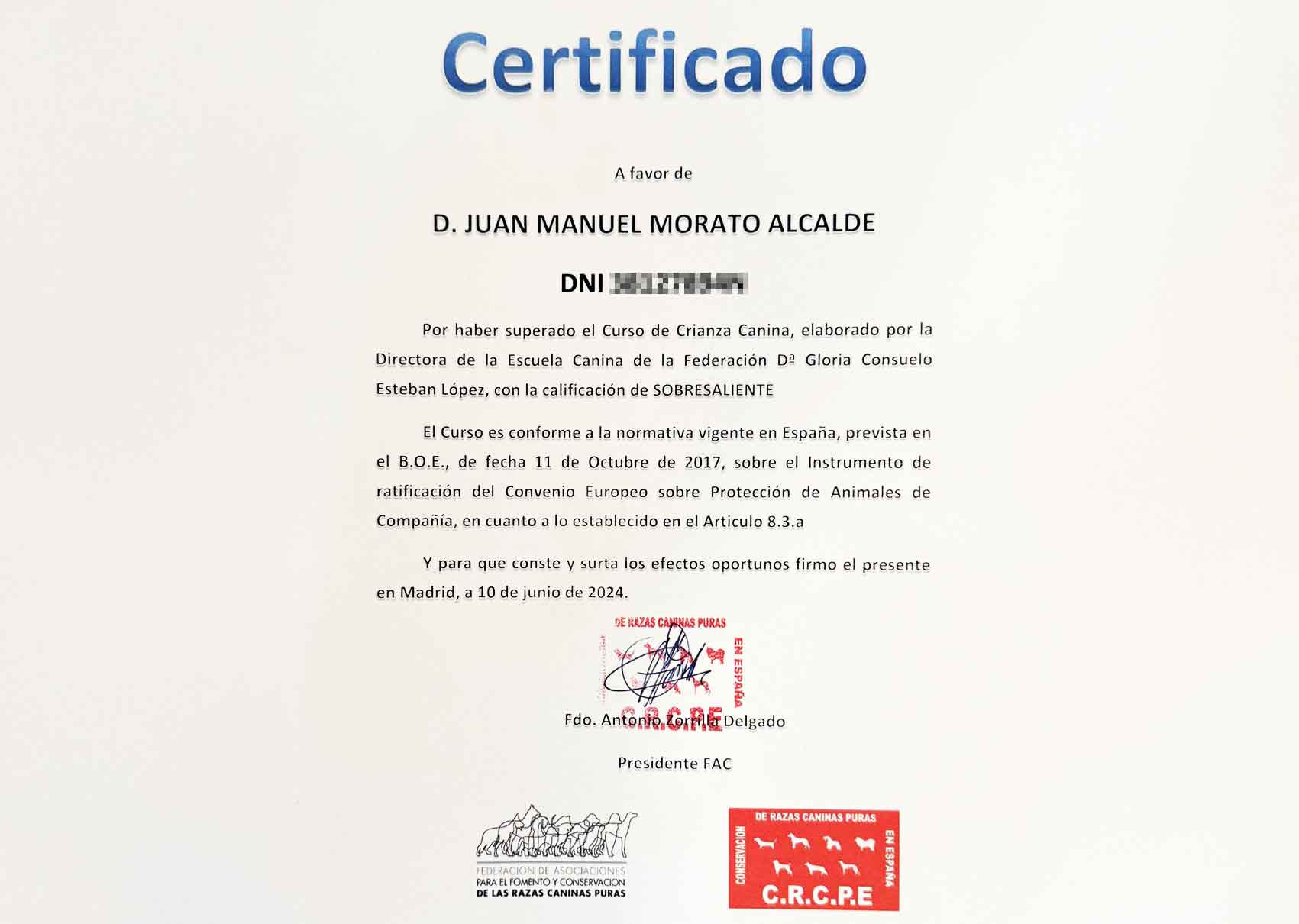 Título Criador Profesional Escuela Canina